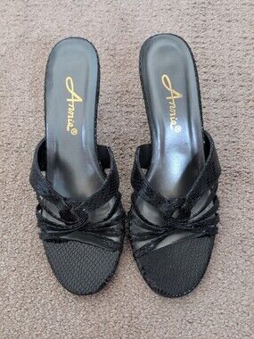 Annie Black Faux Leather Snakeskin Strappy Slip-on Kitten Heel Sandals